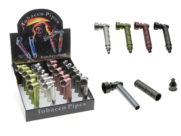 Metallpfeife "Hanfblatt" 4-fach sortiert; Länge 8 cm; 24er Display