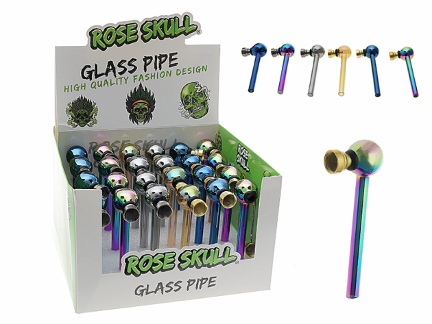 Glaspfeife "Rose Skull"; ca. 12 cm; 6-fach sort.; 24er Display
