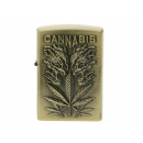 Benzinfeuerzeug  "Cannabis" Antik-Gold mit Einsatz