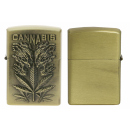 Benzinfeuerzeug  "Cannabis" Antik-Gold mit Einsatz