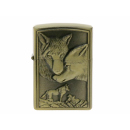 Benzinfeuerzeug "Wolf" Antik-Gold mit Einsatz