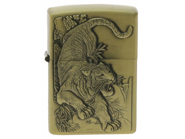 Benzinfeuerzeug "Wild Tiger" Antik-Gold mit Einsatz