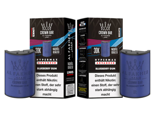 Pods (1x links & 1x rechts) - Al Fakher 30K Hyper Max - Advanced - Big Puffs - Blueberry Gum (Blaubeere, Kaugummi)