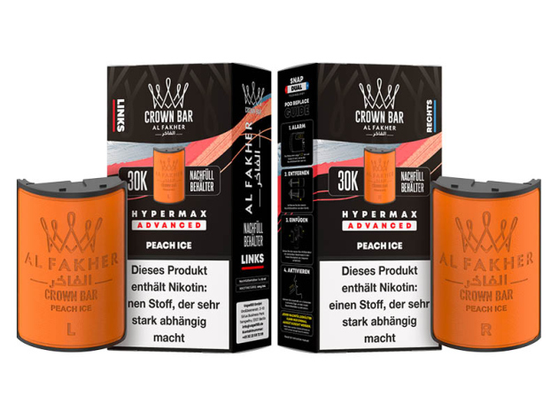 Pods (1x links & 1x rechts) - Al Fakher 30K Hyper Max - Advanced - Big Puffs - Peach Ice (Pfirsich, Eis)