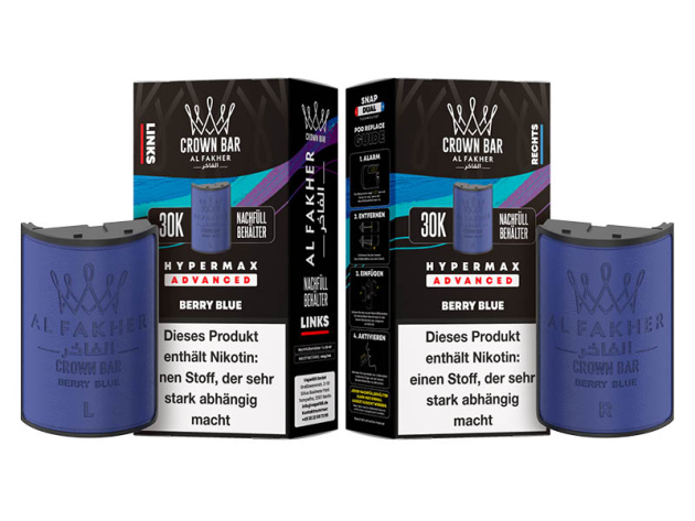 Pods (1x links & 1x rechts) - Al Fakher 30K Hyper Max - Advanced - Big Puffs - Berry Blue (saftige Beeren)