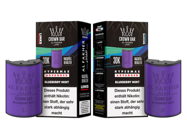 Pods (1x links & 1x rechts) - Al Fakher 30K Hyper Max - Advanced - Big Puffs - Blueberry Mint (Blaubeere, Minze)