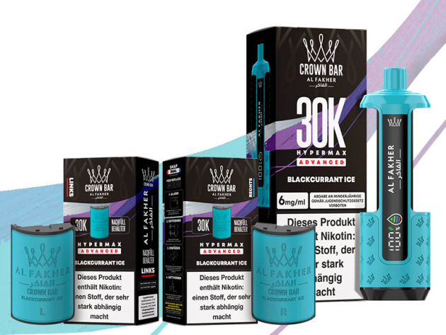 Al Fakher 30K Hyper Max - Advanced - Big Puffs - Blackcurrant Ice (Johannisbeere, Eis) - 6 mg - 30.000 Züge Pods und Basisgerät