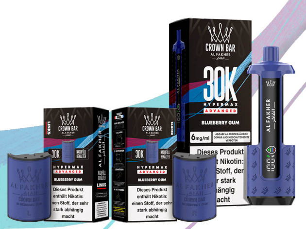 Al Fakher 30K Hyper Max - Advanced - Big Puffs - Blueberry Gum (Blaubeere, Kaugummi) - 6 mg - 30.000 Züge Pods und Basisgerät