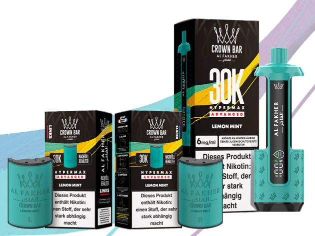 Al Fakher 30K Hyper Max - Advanced - Big Puffs - Lemon Mint (Zitrone, Minze) - 6 mg - 30.000 Züge Pods und Basisgerät