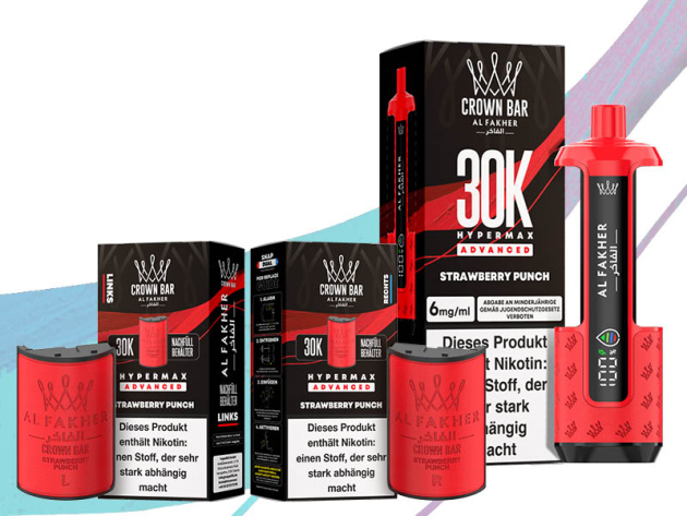 Al Fakher 30K Hyper Max - Advanced - Big Puffs - Strawberry Punch (Erdbeere) - 6 mg - 30.000 Züge Pods und Basisgerät