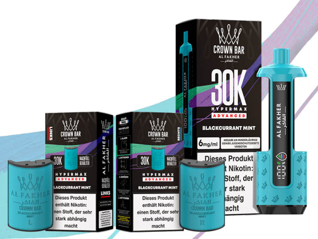 Al Fakher 30K Hyper Max - Advanced - Big Puffs - Blackcurrant Mint  (schw. Johannisbeere, Minze) - 6 mg - 30.000 Züge Pods und Basisgerät