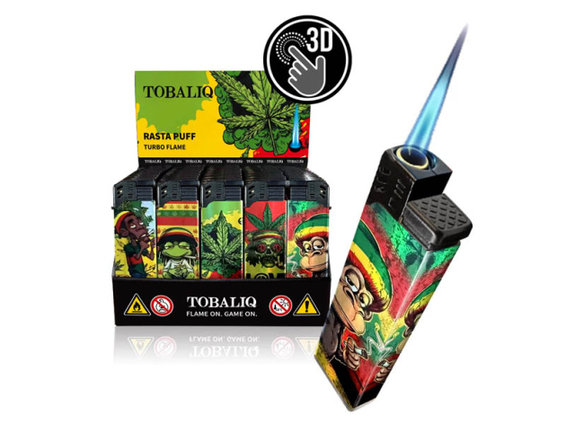 Sturmfeuerzeuge "Rasta Puff" 3D Alu-Jet, 5-fach sortiert, 50er Display