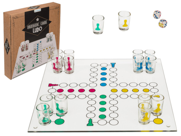 Glas-Trinkspiel, Ludo, mit 16 Gläsern & 2 Würfeln