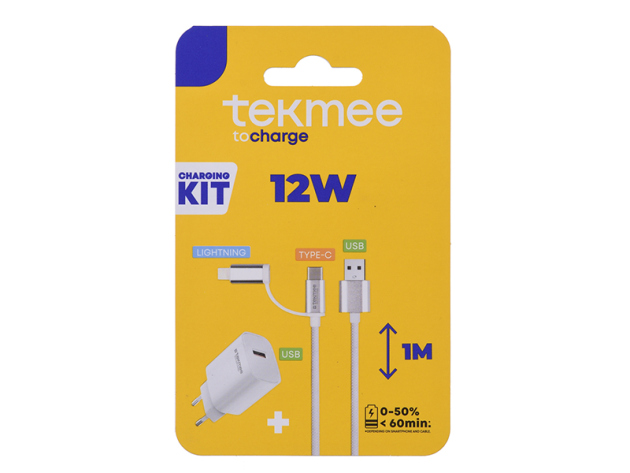Tekmee Schnelllade-Set (Reiseset), 2in1 USB auf Type-C & Lightning,  weiß