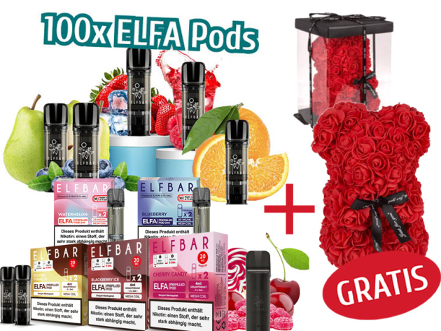 Aktion 2 - 100x ELFBAR ELFA Pods (2er Set) mit Nikotin +  Rosen-Bär in Geschenkbox - GRATIS