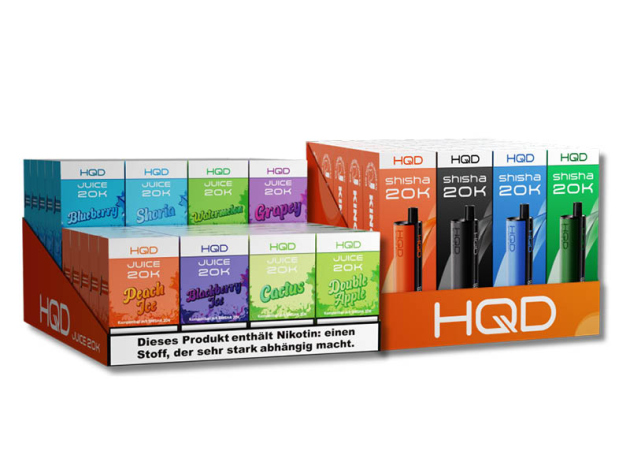 Aktion 40x HQD Juice 20K Liquids (5 je Sorte)  + 20x HQD 20K Basisgeräte (5 je Farbe)