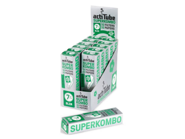 acti Tube Superkombo Filter 7mm SLIM Filters + Papers mit Roll.-Tray, 12er Pack (32 Filt.+32 Heft.)