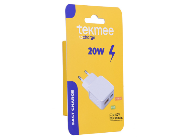 Tekmee Netzstecker Type-C,  20W + USB, Fast Charger; weiß