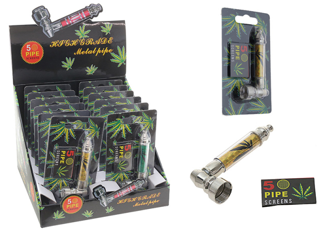 Metallpfeife "Weed" mit Sieben; 4-fach sort.; Länge 8,5 cm; 12er Display