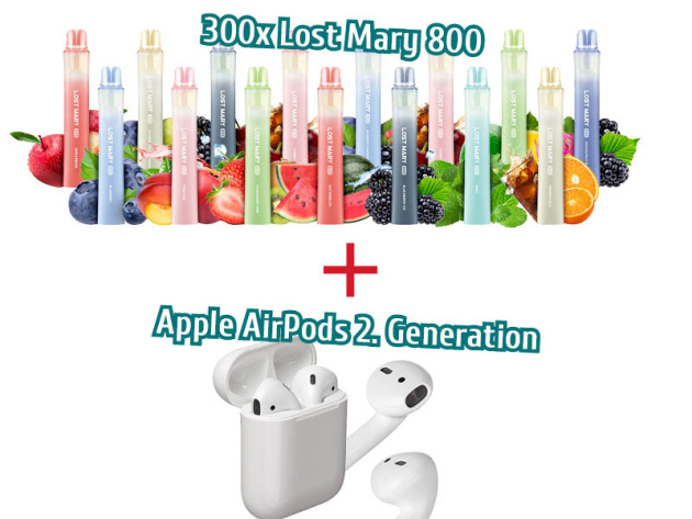 300x Lost Mary 800 Vapes (20 je Sorte) + Apple AirPods MV7N2ZM/A, 2. Generation
