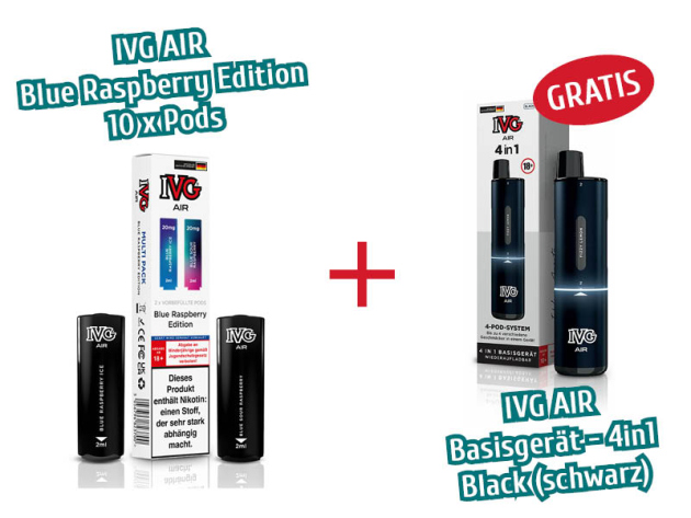 Aktion IVG Air - 10x Pods Blue Raspberry Edition (2er Sets) mit Nikotin + 1x IVG AIR Basisgerät 4in1 schwarz GRATIS