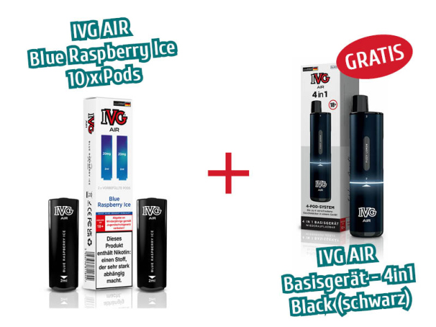 Aktion IVG Air - 10x Pods Blue Raspberry Ice (2er Sets) mit Nikotin + 1x IVG AIR Basisgerät 4in1 schwarz GRATIS