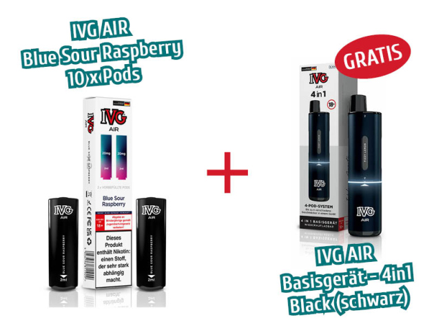 Aktion IVG Air - 10x Pods Blue Sour Raspberry (2er Sets) mit Nikotin + 1x IVG AIR Basisgerät 4in1 schwarz GRATIS
