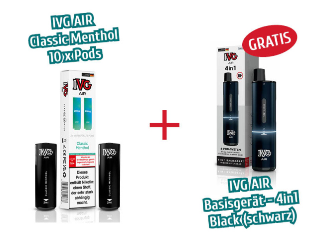 Aktion IVG Air - 10x Pods Classic Menthol (2er Sets) mit Nikotin + 1x IVG AIR Basisgerät 4in1 schwarz GRATIS