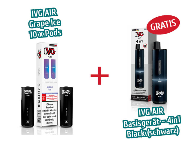 Aktion IVG Air - 10x Pods Grape Ice (2er Sets) mit Nikotin + 1x IVG AIR Basisgerät 4in1 schwarz GRATIS