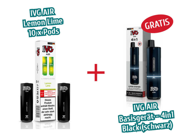 Aktion IVG Air - 10x Pods Lemon Lime (2er Sets) mit Nikotin + 1x IVG AIR Basisgerät 4in1 schwarz GRATIS