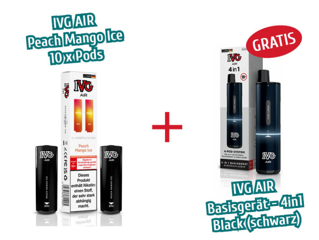 Aktion IVG Air - 10x Pods Peach Mango Ice (2er Sets) mit Nikotin + 1x IVG AIR Basisgerät 4in1 schwarz GRATIS