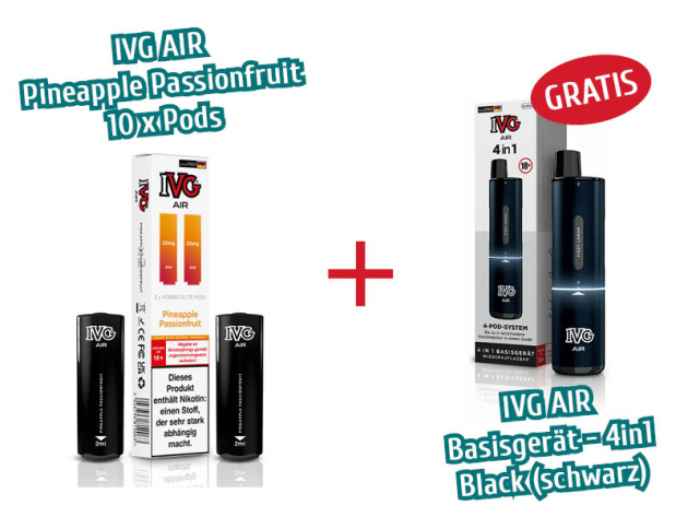 Aktion IVG Air - 10x Pods Pineapple Passionfruit (2er Sets) mit Nikotin + 1x IVG AIR Basisgerät 4in1 schwarz GRATIS