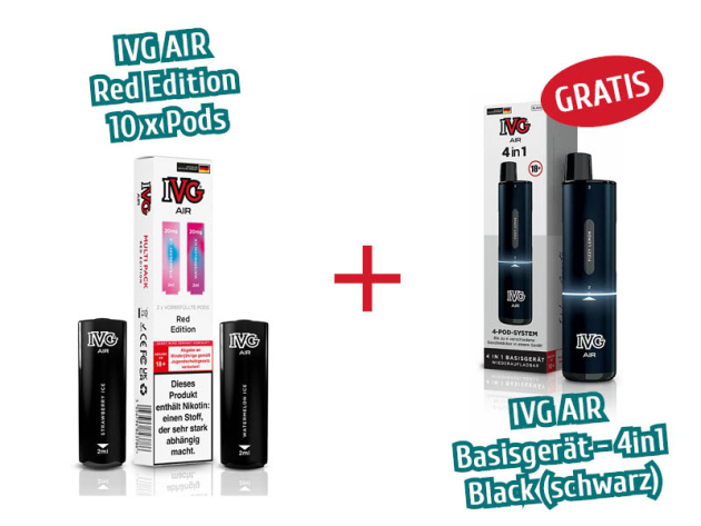 Aktion IVG Air - 10x Pods Red Edition (2er Sets) mit Nikotin + 1x IVG AIR Basisgerät 4in1 schwarz GRATIS