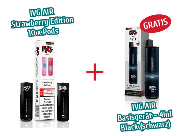 Aktion IVG Air - 10x Pods Strawberry Edition (2er Sets) mit Nikotin + 1x IVG AIR Basisgerät 4in1 schwarz GRATIS