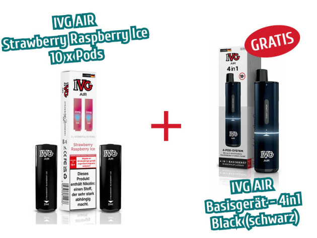 Aktion IVG Air - 10x Pods Strawberry Raspberry Ice (2er Sets) mit Nikotin + 1x IVG AIR Basisgerät 4in1 schwarz GRATIS