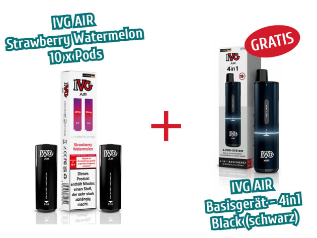 Aktion IVG Air - 10x Pods Strawberry Watermelon (2er Sets) mit Nikotin + 1x IVG AIR Basisgerät 4in1 schwarz GRATIS