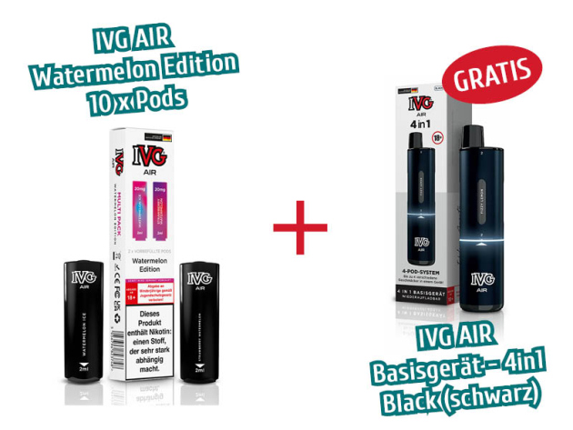 Aktion IVG Air - 10x Pods Watermelon Edition (2er Sets) mit Nikotin + 1x IVG AIR Basisgerät 4in1 schwarz GRATIS