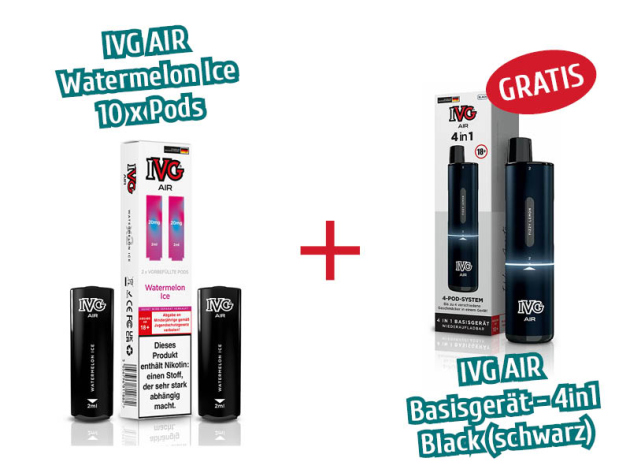 Aktion IVG Air - 10x Pods Watermelon Ice (2er Sets) mit Nikotin + 1x IVG AIR Basisgerät 4in1 schwarz GRATIS