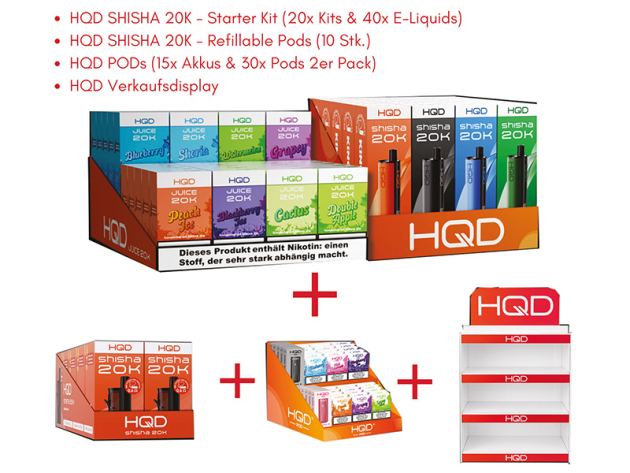 Aktion HQD 20K - 20x Basisgeräte (5 je Farbe) & 40x HQD Juice 20K Liquids (5 je Sorte) + 10x HQD 20K - Refillable Pod + HQD Cirak 2 15x Basisgerät & 30x Pods