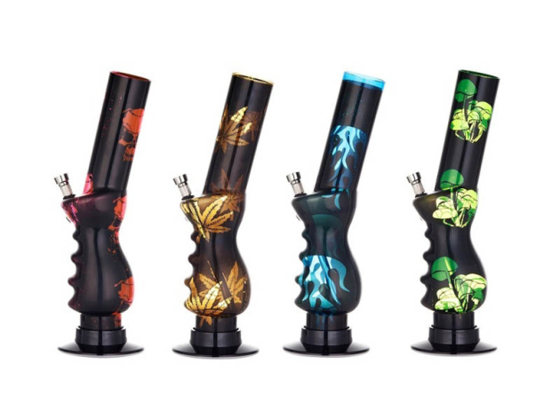 Acrylbong "Raucher-Motive" schwarz-farb., Metallchillum, Höhe 31cm, 4er Set