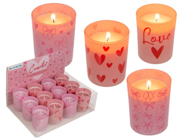 Kerze im Glas "Love" 6,5 x 5 cm, 4-farbig sortiert, 12er Display