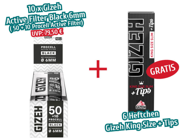 AKTION GIZEH 10x Active Filter Black 6mm + 6x Heftchen Gizeh King Size + Tips GRATIS