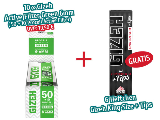 AKTION GIZEH 10x Active Filter Green 6mm + 6x Heftchen Gizeh King Size + Tips GRATIS