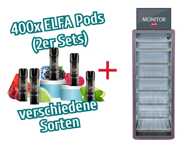 Aktion 400x ELFA (2er Sets) mit Nikotin + Vapes Vitrine klein (mit LED-Bildschirm)