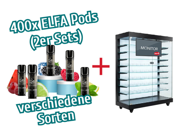 Aktion 400x ELFA (2er Sets) mit Nikotin + Vapes Vitrine groß (mit LED-Bildschirm)