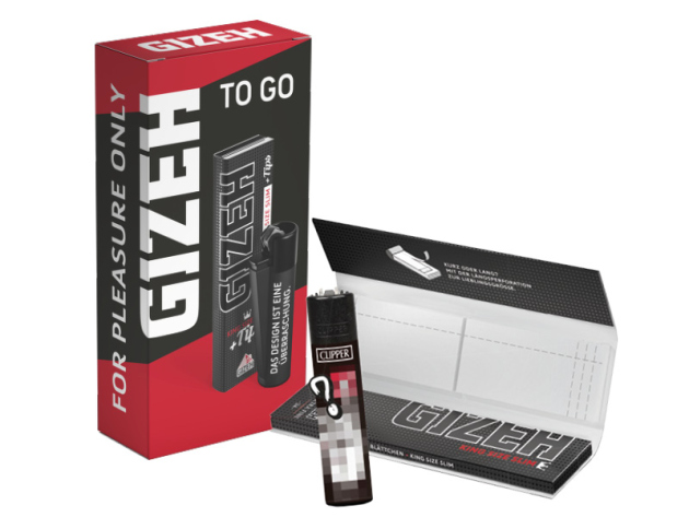 GIZEH AUTOMATENPACKUNG - 1 x GIZEH BLACK® King Size Slim + Tips + 1x Clipper Feuerzeug (zufälliges Design)