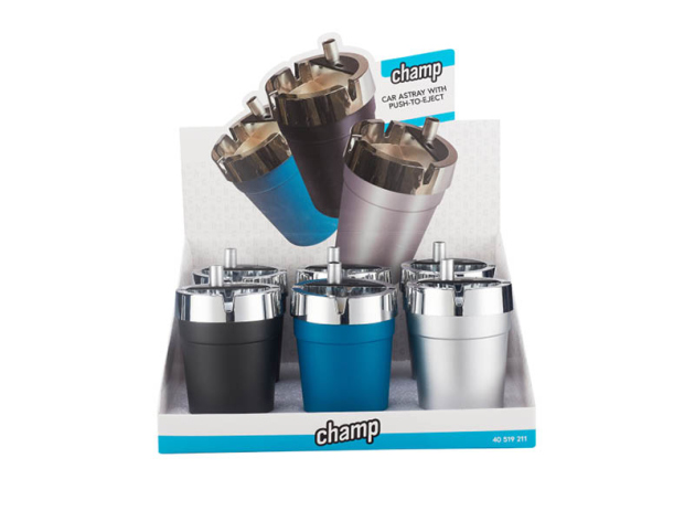 Autoaschenbecher "Schwarz/Blau/Silber" push to open, 3-fach sortiert, 6er Display