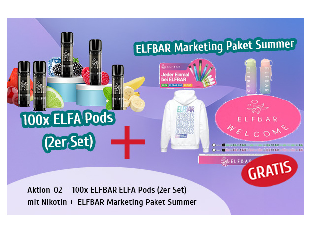 Aktion-02- 100x ELFBAR ELFA Pods (2er Set) mit Nikotin + ELFBAR Marketing Paket Summer - GRATIS