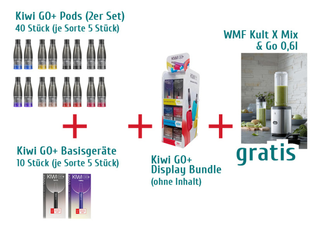 KIWI GO+ 40x Pods (2er Set), dazu 10x Basisgeräte + Display Bundle + WMF Kult X Mix & Go 0,6l gratis