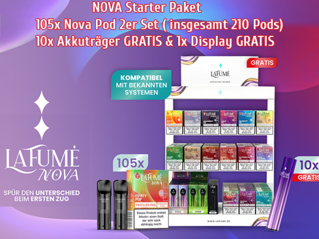 NOVA Starterpaket - 150x  Nova Pods (2er Set)  + 10x Akkuträger & 1x Display GRATIS